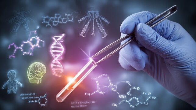 Gloved hand using tweezers on test tube, with glowing chemical formulas, medical icons—scientific research, biotech innovation, chemical analysis themes.