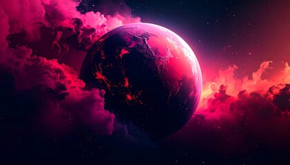 Obraz premium A vibrant, otherworldly depiction of a planet shrouded in fiery, swirling clouds