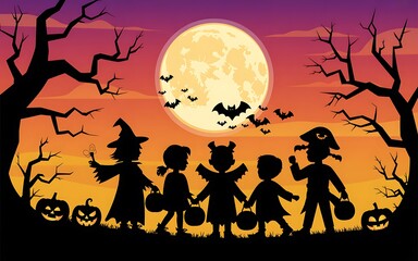 Halloween children trick or treating under full moon costumes