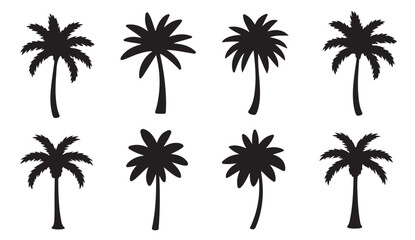 Naklejka premium Palm tree silhouettes, tropical, summer, beach, island, sunset, vacation, exotic, black vector, coconut palm, digital graphic, holiday travel, relax logo