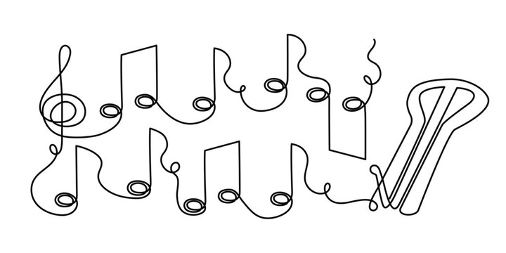 Jew's harp  treble clef and musical note one line art, hand-drawn reed pinch instrument drawing continuous contour. Resonance oscillating arc reed drymba melody outline minimalist symbol. Editable 