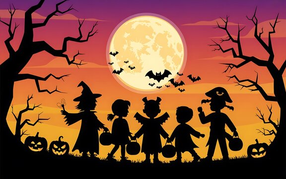 Halloween children trick or treating under full moon costumes