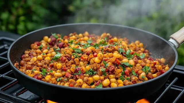 Delicious sizzling chickpea and chorizo dish on grill