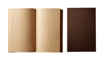 Open and closed brown notebook.  Blank pages inside open book.  Flat lay style