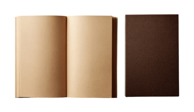 Open and closed brown notebook.  Blank pages inside open book.  Flat lay style