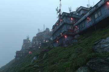 Misty mountainside settlement.  Futuristic, weathered buildings cling to a steep incline.  Fog blankets the scene.  Sparse vegetation and rocky terrain.  Low-light, glowing red accents on structures