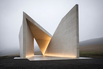 Modern concrete chapel, angled walls, lit interior