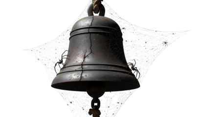 Haunted shrine bell with cobwebs and soot, isolated on white background
