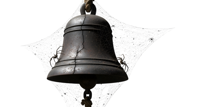 Haunted shrine bell with cobwebs and soot, isolated on white background