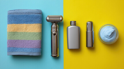 Grooming essentials arranged on a vibrant background featuring a striped towel, razor, bottles, and cream, highlighting personal care and hygiene products for daily routines