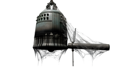 Haunted shrine bell with cobwebs and soot, isolated on white background