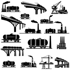 Fototapeta premium Industrial and Railway Transport Icons scenes show the movement of trains on overpasses, industrial processes and the interaction of transport and production.
