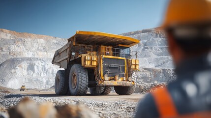 Giant haul truck at an open-pit mine with a worker in the foreground