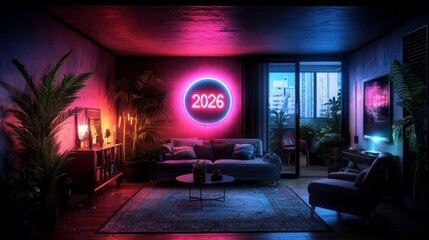 Living room transformed with disco ball: kids in glow-stick crowns dancing with grandparents, parents slow-dancing by the fireplace. Confetti littering the rug, "2026"