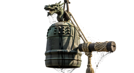 Haunted shrine bell with cobwebs and soot, isolated on white background