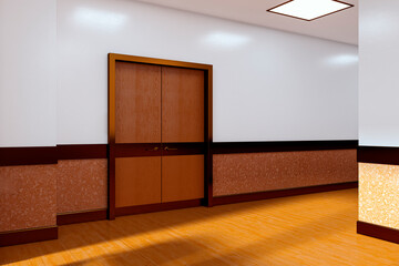 Modern clinic hallway corner with wooden double doors and clean interior design in empty indoor space with bright lighting and textured walls. 3D Rendering