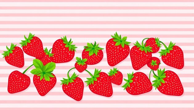 Bright red strawberry seamless vector pattern on horizontal pink lines Cute summer design ideal for packaging, kawaii, juicy