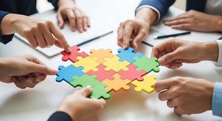Collaborative Hands Assembling Colorful Jigsaw Puzzle Teamwork and Solutions Concept
