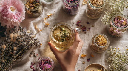 Hand holding a glass mug of herbal tea surrounded by jars of dried flowers and herbs on a soft fabric surface, creating a serene and calming atmosphere for wellness
