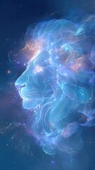 Zodiac sign leo. Leo constellation depicted in cosmic space, glowing lion among stars and nebulae.