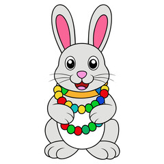 Cute cartoon grey bunny rabbit wearing a colorful mardi gras bead necklace and smiling