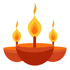 Three glowing diya lamps with orange and yellow flames on a white background