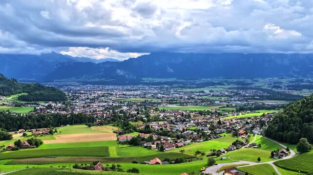 Panorama von Steffisburg (Thun), Luftaufnahme, Kanton Bern, Schweiz, Anfang August 2025