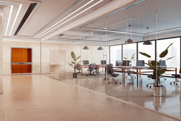 Modern corporate office interior with glass partitions, clean hallway, and shared workspace desks...