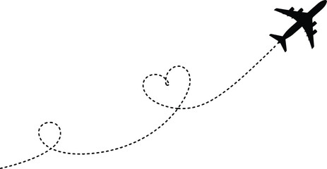 Journey of the heart: An airplane gracefully traces a dotted path in the sky, forming a heart shape, conveying love and the spirit of travel