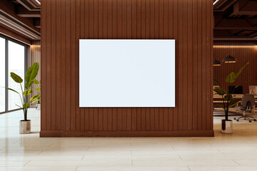 Large blank canvas mockup on wooden wall in modern corporate office interior with indoor plants and open workspace in background. 3D Rendering