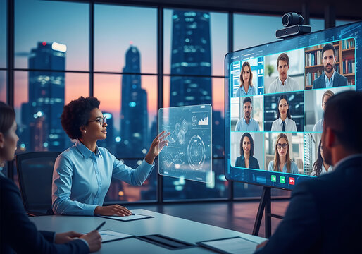 A businesswoman presents data on a futuristic holographic screen during a hybrid meeting in a modern high-rise office.