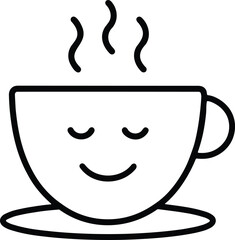 smiling hot coffee cup with steam on saucer flat outline vector icon