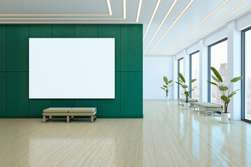 Blank poster mockup on green wall in modern corridor interior with benches, large windows, and city view for advertising or presentation. 3D Rendering