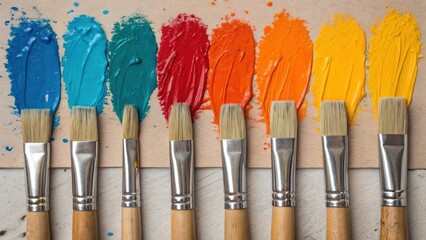 Paintbrushes with colorful paint swatches on a wooden background
