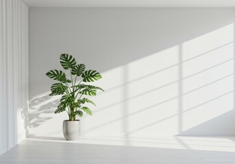 Fototapeta premium Monstera plant bathed in sunlight on a bright white wall with window shadow patterns