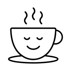 smiling hot coffee cup with steam on saucer flat outline vector icon