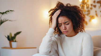 Young black woman in cozy room touching head with pain expression on face showing symptoms of stress, headache or high blood pressure.
