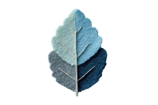 A stylized,  hand-crafted leaf in shades of  blue.  Soft,  textured  surface.  Delicate,  detailed  veins