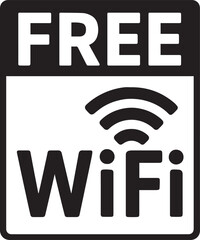 A Black and White Free WiFi Sign with a Wireless Symbol for Internet Access Promotion and Advertisement