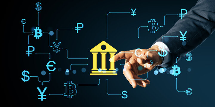 Digital banking interface with currency symbols and businessman hand selecting financial icon on dark background in fintech concept..