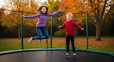 Children jumping on a trampoline in autumn