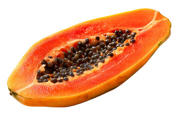 Ripe papaya fruit cut in half with black seeds, isolated on transparent background.