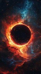 Naklejka premium Cosmic Eclipse with Fiery Orange and Blue Nebula in Deep Space nebula cosmic eclipse orange blue red