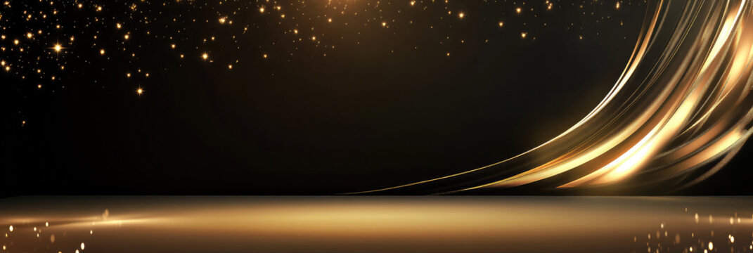 Luxurious Golden Stage: Minimalist Elegance with Glowing Stars and Flowing Curves. Abstract Commercial Background for Awards, Glamour Events, and Film Ceremonies. Modern Design with Dark Tones and Lum