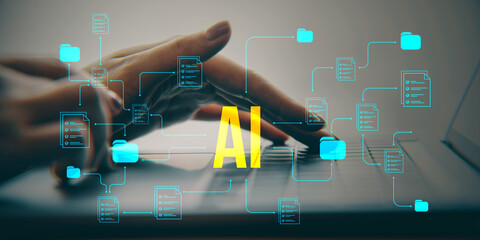 Hands typing on laptop keyboard surrounded by digital document icons and AI text, representing artificial intelligence and data connections.