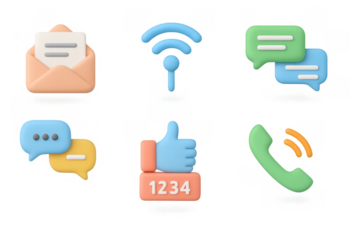 3d communication icons: email, wifi, chat, thumbs up, phone in pastel