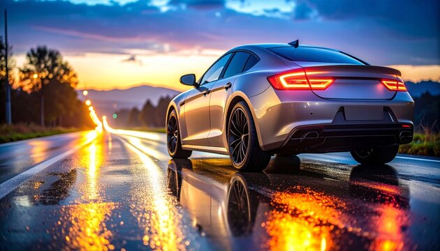 Sleek silver sports car on a wet asphalt road at dusk, neon city lights reflecting off its curves, dynamic r34 automotive scene,