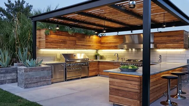 Modern outdoor kitchen with wooden accents and stainless steel appliances, surrounded by lush greenery