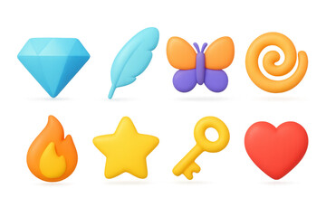 Colorful 3d icons set: gem, feather, butterfly, spiral, fire, star, ke