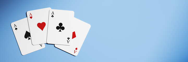 Four aces playing cards isolated on blue gradient background with copy space for casino game promotion, branding or entertainment concept. 3D Rendering